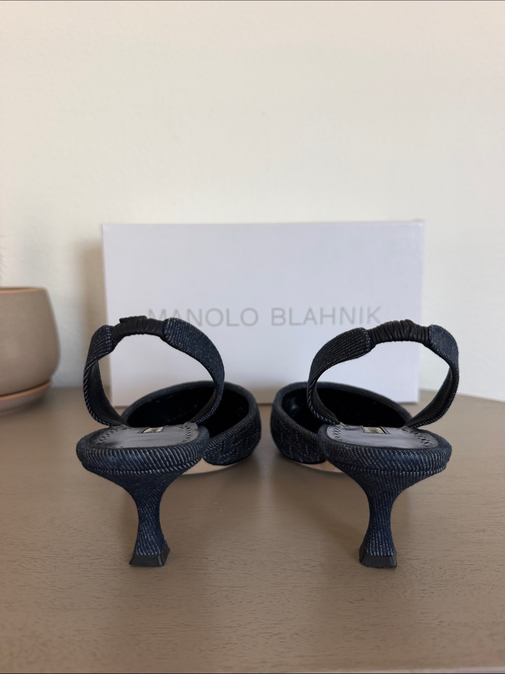 Manolo Blahnik Denim Woven Pointed Slingback Heels - Picture 4 of 8